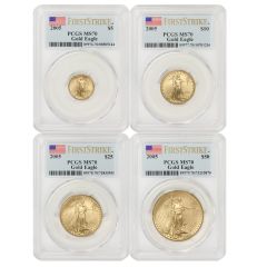 Set of 4 2005 Gold Eagles PCGS MS70 FS Flag Label Obverse
