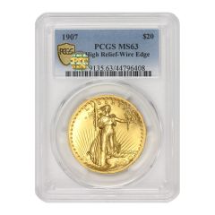 1907 $20 Gold Saint Gaudens PCGS MS63 High Relief Wire Edge PQ Obverse