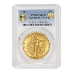 1907 $20 Gold Saint Gaudens PCGS MS65+ High Relief Wire Edge PQ Obverse