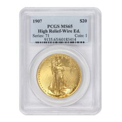 US $20 Saint Gaudens 1907 PCGS MS65 High Relief Wire Edge Obverse