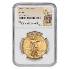 1908-D $20 Gold Saint Gaudens NGC MS66 Motto Obverse