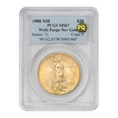 1908 $20 Gold Saint Gaudens PCGS MS67 NM Wells Fargo PQ