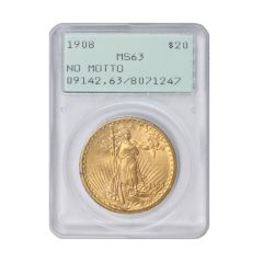 1908 $20 Gold Saint Gaudens PCGS MS63 NM Rattler Obverse