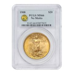 US $20 Saint Gaudens 1908 PCGS MS66 No Motto PQ Obverse