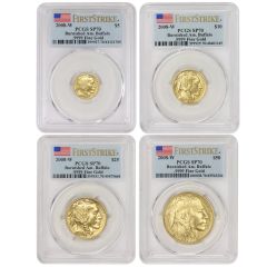 US Gold Buffalos 2008-W PCGS SP70 4 Coin Set First Strike Flag Label  Obverse