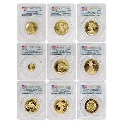 Set of 8 2009 to 2023 Gold High Relief PCGS MS70PL, PR70DCAM, SP70DMPL FS Obverse