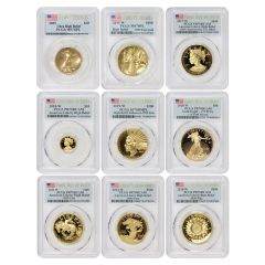 Set of 9 2009 to 2025 Gold High Relief PCGS MS70PL, PR70DCAM, SP70DMPL FS & FDOI Flag Label
