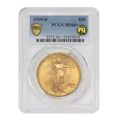 US $20 Saint Gaudens 1910-D PCGS MS66+ PQ Obverse