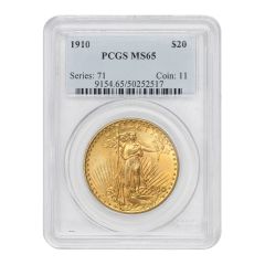 1910 $20 Gold Saint Gaudens PCGS MS65 Obverse