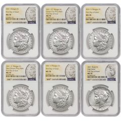 Set of 6 2021 Silver Morgan & Peace Dollars NGC MS70 FDOI w/OGP Obverse