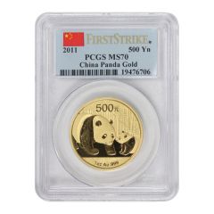 China 2011 Gold Panda 500 Yn PCGS MS70 FS Flag Label Obverse

