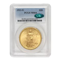 1911-S $20 Gold Saint Gaudens PCGS MS64 CAC