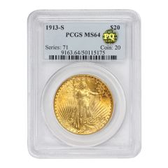 1913-S $20 Gold Saint Gaudens PCGS MS64 PQ