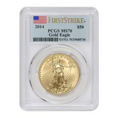 2014 $50 Gold Eagle PCGS MS70 FS Flag Label Obverse