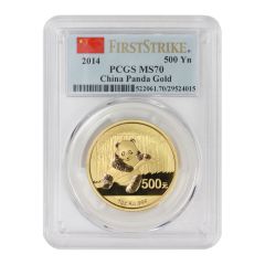China 2014 Gold Panda 500 Yn PCGS MS70 FS Obverse