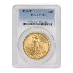 1914-S $20 Gold Saint Gaudens PCGS MS65 Obverse