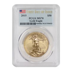2015 $50 Gold Eagle PCGS MS70 FDOI Flag Label Obverse
