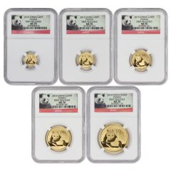 China 2015 Set of 5 Gold Panda NGC MS70 FR Panda Label
