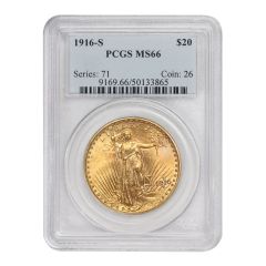1916-S $20 Gold Saint Gaudens PCGS MS66 Obverse