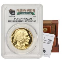 2016-W $50 Gold Buffalo PCGS PR70DCAM FDOI Philadelphia Label Obverse
