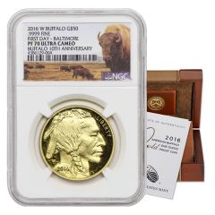 US G$50 Gold Buffalo 2016-W NGC PF70UCAM 1st Day Baltimore Bison Label OGP