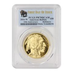 US G$50 Buffalo 2016-W PCGS PR70DCAM First Day of Issue Baltimore Bison Label Obverse

