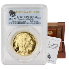 US G$50 Buffalo 2016-W PCGS PR70DCAM First Day of Issue Baltimore Bison Label Obverse
