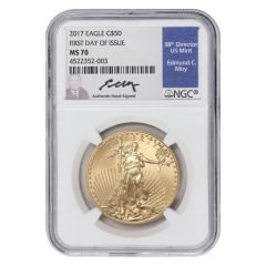 2017 $50 Gold Eagle NGC MS70 FDOI Moy Label Obverse