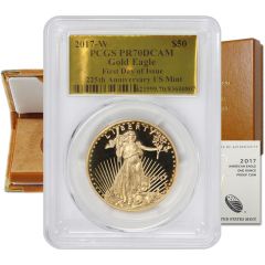 2017-W $50 Gold Eagle PCGS PR70DCAM FDOI Gold Foil Label w/ OGP