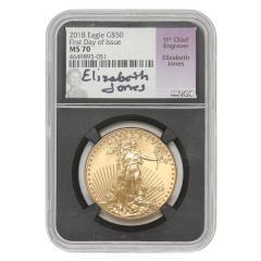 2018 $50 Gold Eagle NGC MS70 FDOI Elizabeth Jones Label Black Core Obverse
