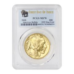 US G$50 Buffalo 2018 PCGS MS70 First Day of Issue Bison Label Obverse

