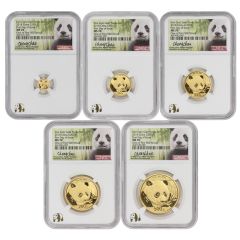 Set of 5 2018 Chinese Gold Panda 500, 200, 100, 50 & 10 Yn NGC MS70 FDOI Obverse