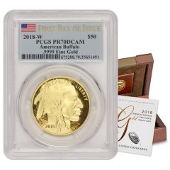 2018-W $50 Gold Buffalo PCGS PR70DCAM FDOI Flag Obverse