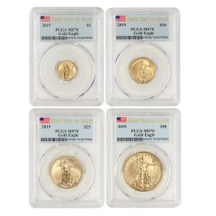Set of 4 2019 Gold Eagles PCGS MS70 FDOI Obverse