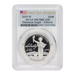 US $100 Platinum Eagle 2019-W PCGS PR70DCAM Fist Day of Issue Flag Label Obverse