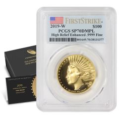 2019-W $100 Gold High Relief Liberty PCGS SP70DMPL FS Flag Label Obverse