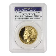 2019-W $100 Gold High Relief PCGS SP70PL WP Obverse