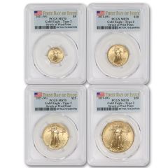 Set of 4 2021-(W) Gold Eagle T2 PCGS MS70 FDOI Flag Label