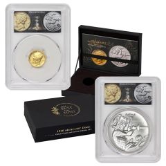 Set of 2 1916 (2026) 10C Gold Mercury Dime and Silver Medal BoTM PCGS SP70 FDOI Semiquincentennial Label w/ OGP