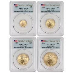 Set of 4 2020 Gold Eagle PCGS MS70 FDOI Flag Label