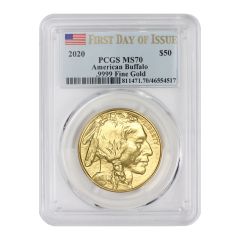 2020 $50 Gold Buffalo PCGS MS70 FDOI Flag Label Obverse
