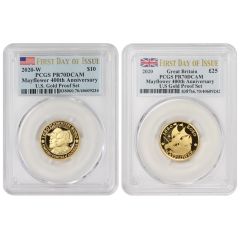 Set of 2 2020-W US & UK $10 £25 Gold Mayflower PCGS PR70DCAM FDOI Obverse