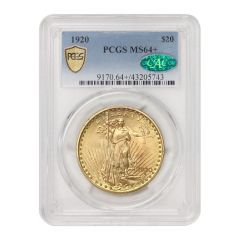 1920 $20 Gold Saint Gaudens PCGS MS64+ CAC Obverse