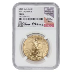 2020 $50 Gold Eagle NGC MS70 FDOI Cabral Label Obverse