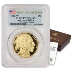 2020-W $50 Gold Buffalo PCGS PR70DCAM FDOI Flag Label OGP Obverse

