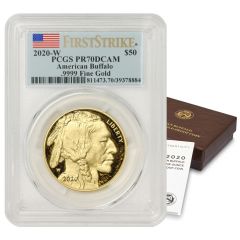 US G$50 Buffalo 2020-W PCGS PR70DCAM First Strike Flag Label w/ OGP