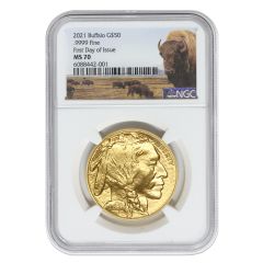 2021 $50 Gold Buffalo NGC MS70 FDOI Bison Label Obverse
