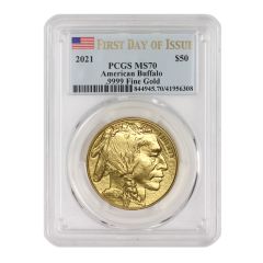 2021 $50 Gold Buffalo PCGS MS70 FDOI Flag Label Obverse