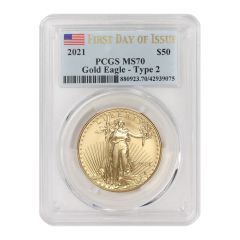2021 $50 Gold Eagle T2 PCGS MS70 FDOI Flag Obverse
