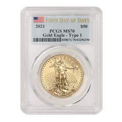 2021 $50 Gold Eagle T1 PCGS MS70 FDOI Flag Obverse
